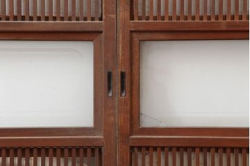 アンティーク建具　昭和中期　裏障子付き　腰板欅(ケヤキ)材　格子戸4枚セット(障子戸、ガラス帯戸、引き戸)(R-043840)