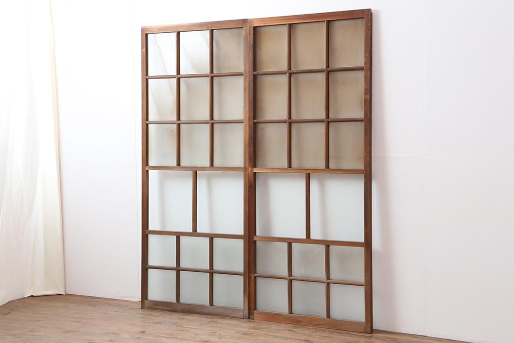 アンティーク建具　和レトロ　味わいとシンプルさが魅力のガラス戸2枚セット(引き戸、建具)(R-043846)