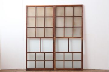 アンティーク建具　和レトロ　味わいとシンプルさが魅力のガラス戸2枚セット(引き戸、建具)(R-043846)