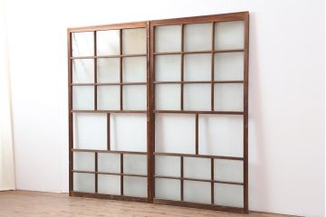 アンティーク建具　和レトロ　味わいとシンプルさが魅力のガラス戸2枚セット(引き戸、建具)(R-043847)
