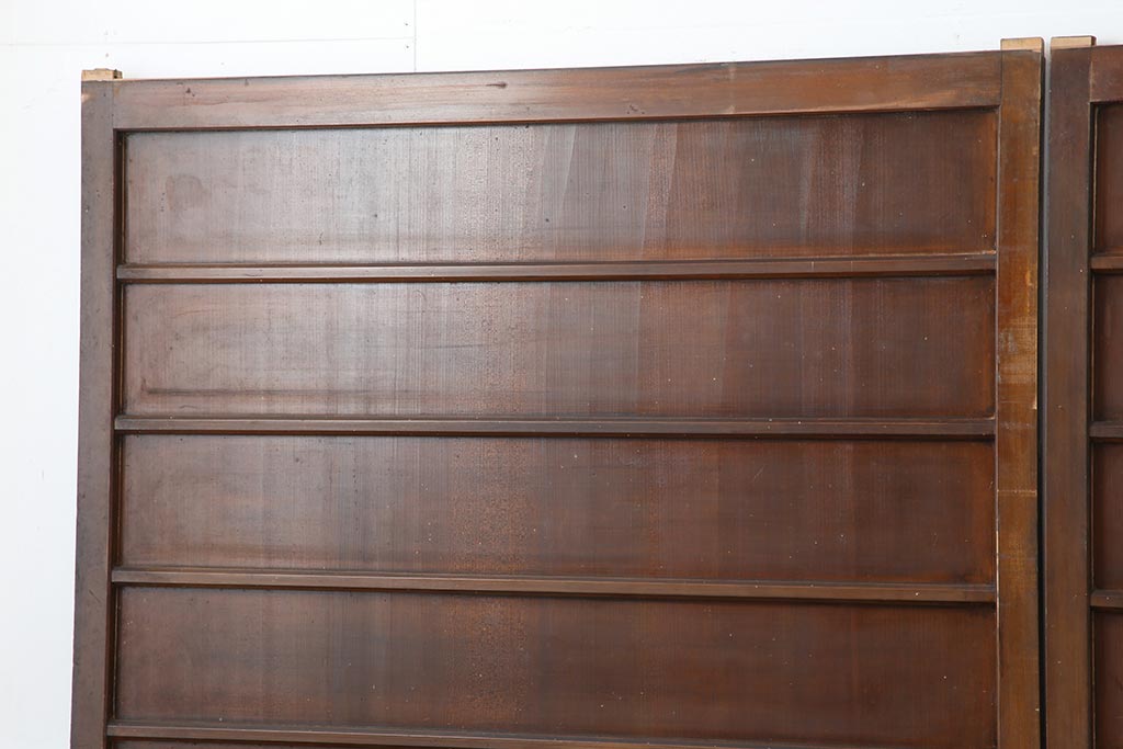アンティーク建具　大正期　ヒノキ材　暖かみのある木肌が味わい深い板戸2枚セット(建具、引き戸、舞良戸)(R-043848)