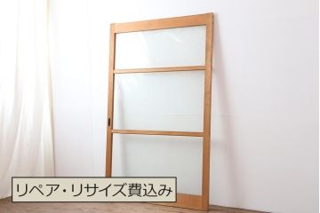 レトロ建具　昭和レトロ　昭和後期　ヒノキ材　素朴な風合いが魅力のガラス戸1枚(引き戸、玄関戸)(R-043850)