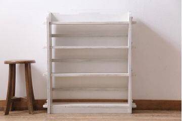 ペイント家具　和製アンティーク　昭和初期　楔(くさび)のデザインがお洒落な本棚(ブックシェルフ、収納棚、ラック)(R-043854)