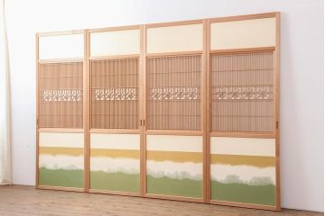 中古　昭和後期　桐紋　明るい和の空間を演出する組子障子戸4枚セット(引き戸、建具)(R-043864)