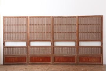 アンティーク建具　昭和中期　腰板ケヤキ材　裏障子付きの格子戸4枚セット(建具、ガラス帯戸、引き戸)(R-043866)