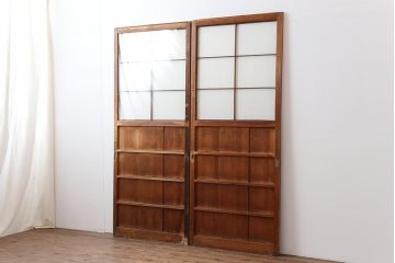 アンティーク建具　昭和初期　レトロスタイルにおすすめのガラス障子戸2枚セット(腰付障子、腰高障子、建具、引き戸)(R-043867)