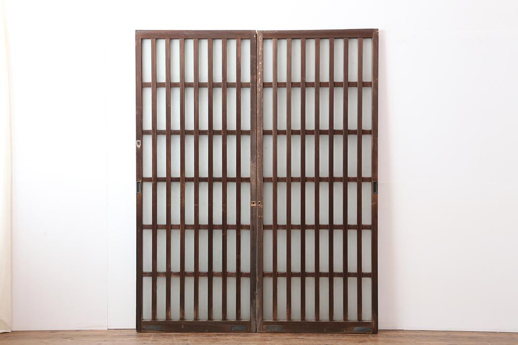 アンティーク建具　昭和中期　すりガラス入りのガラス格子戸2枚セット(建具、引き戸)(R-043869)