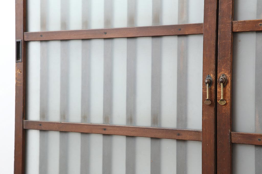 アンティーク建具　昭和中期　すりガラス入りのガラス格子戸2枚セット(建具、引き戸)(R-043869)