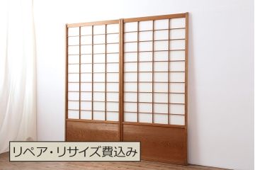 アンティーク建具　昭和中期　しっかりとした木目が魅力の障子戸2枚セット(引き戸)(R-043890)