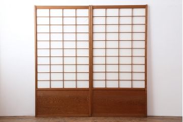 アンティーク建具　昭和中期　しっかりとした木目が魅力の障子戸2枚セット(引き戸)(R-043890)
