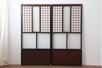 アンティーク建具　昭和初期　結霜ガラス・レトロガラス入り　珍しいデザインの障子戸2枚セット(引き戸)(R-043891)