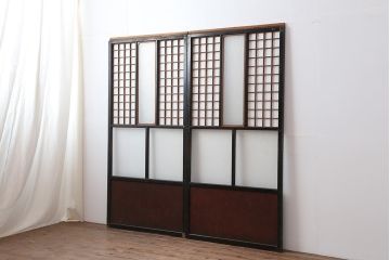 アンティーク建具　昭和初期　結霜ガラス・レトロガラス入り　珍しいデザインの障子戸2枚セット(引き戸)(R-043891)