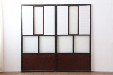 アンティーク建具　昭和初期　結霜ガラス・レトロガラス入り　珍しいデザインの障子戸2枚セット(引き戸)(R-043892)