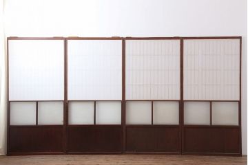 アンティーク建具　昭和初期　レトロガラス入り　すっきりとした格子が目を引く障子戸4枚セット(引き戸、ガラス帯戸)(R-043899)