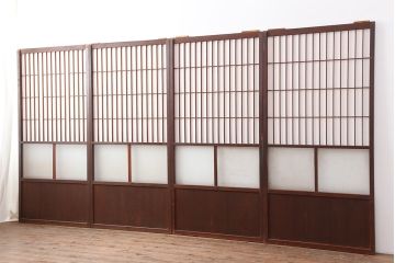 アンティーク建具　昭和初期　レトロガラス入り　すっきりとした格子が目を引く障子戸4枚セット(引き戸、ガラス帯戸)(R-043899)