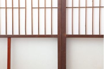 アンティーク建具　昭和初期　レトロガラス入り　すっきりとした格子が目を引く障子戸4枚セット(引き戸、ガラス帯戸)(R-043899)