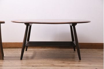 ヴィンテージ家具　イギリス　ERCOL(アーコール)　ニレ材　マガジンラック付き　落ち着いた色合いのコーヒーテーブル(センターテーブル、リビングテーブル、ビンテージ)(R-043901)
