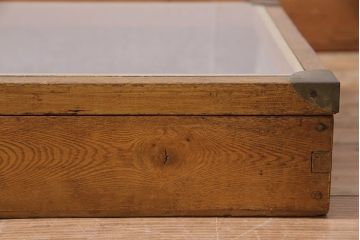 アンティーク雑貨　昭和中期　楢(ナラ)材製　金具や木肌が味わい深いコレクションボックス(ガラスケース、収納箱、小物入れ)(R-043903)