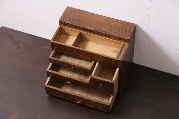 アンティーク家具　和製アンティーク　昭和中期　タモ材　波のような木目が美しい裁縫箱(ソーイングボックス、小引き出し、小物収納)(R-043906)