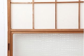 レトロ建具　昭和後期　レトロガラス入り　升格子の障子戸2枚セット(引き戸、ガラス帯戸)(R-043907)