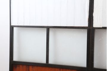 アンティーク建具　明治大正期　レトロガラス入り　格子入り障子戸2枚セット(引き戸、ガラス帯戸)(R-043930)
