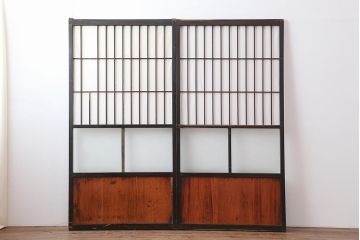 アンティーク建具　明治大正期　レトロガラス入り　格子入り障子戸2枚セット(引き戸、ガラス帯戸)(R-043930)