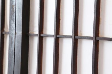 アンティーク建具　明治大正期　レトロガラス入り　格子入り障子戸2枚セット(引き戸、ガラス帯戸)(R-043930)