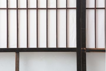 アンティーク建具　明治大正期　レトロガラス入り　格子入り障子戸2枚セット(引き戸、ガラス帯戸)(R-043930)