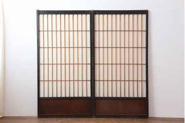 アンティーク建具　大正期　和の風情漂う格子入り障子戸2枚セット(引き戸)(R-043931)