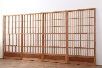 アンティーク建具　和製アンティーク　昭和中期　腰板ケヤキ材　上手物!和の趣たっぷりの障子戸4枚セット(引き戸、障子戸)(R-043938)