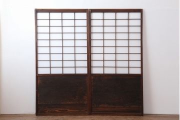アンティーク建具　和製アンティーク　明治大正期　腰板に縦桟が印象的な障子戸2枚セット(引き戸)(R-043939)