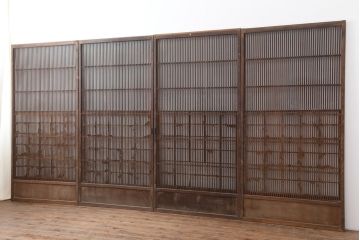 アンティーク建具　大正期　激レア!スライド式の障子が付いた格子戸4枚セット(引き戸、障子戸)(R-043940)
