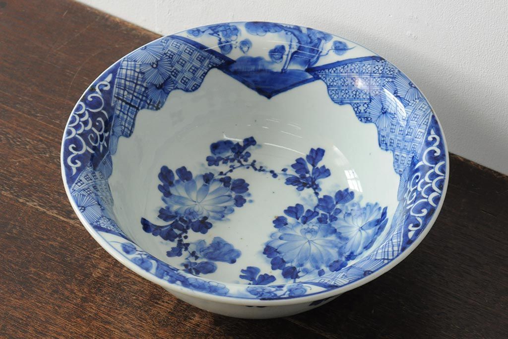 アンティーク雑貨　幕末明治　染付　花蝶図　特大1尺深鉢(和食器、深皿)(R-043952)