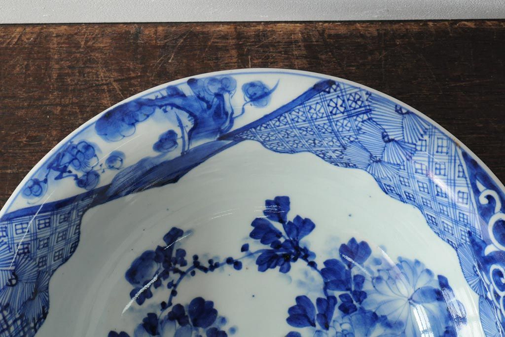 アンティーク雑貨　幕末明治　染付　花蝶図　特大1尺深鉢(和食器、深皿)(R-043952)