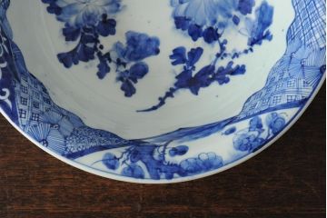 アンティーク雑貨　幕末明治　染付　花蝶図　特大1尺深鉢(和食器、深皿)(R-043952)