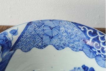 アンティーク雑貨　幕末明治　染付　花蝶図　特大1尺深鉢(和食器、深皿)(R-043952)