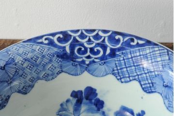 アンティーク雑貨　幕末明治　染付　花蝶図　特大1尺深鉢(和食器、深皿)(R-043952)
