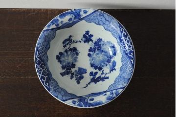 アンティーク雑貨　幕末明治　染付　花蝶図　特大1尺深鉢(和食器、深皿)(R-043952)