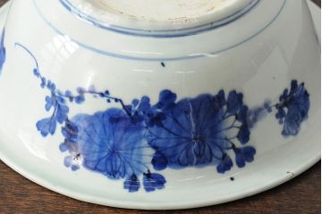 アンティーク雑貨　幕末明治　染付　花蝶図　特大1尺深鉢(和食器、深皿)(R-043952)