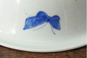 アンティーク雑貨　幕末明治　染付　花蝶図　特大1尺深鉢(和食器、深皿)(R-043952)