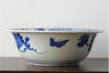 アンティーク雑貨　幕末明治　染付　花蝶図　特大1尺深鉢(和食器、深皿)(R-043952)