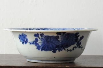 アンティーク雑貨　幕末明治　染付　花蝶図　特大1尺深鉢(和食器、深皿)(R-043952)