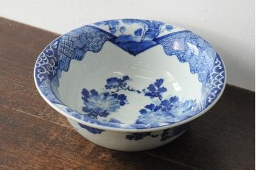 アンティーク雑貨　幕末明治　染付　花蝶図　特大1尺深鉢(和食器、深皿)(R-043952)