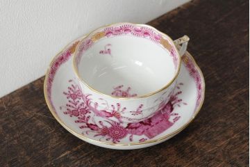 中古　ハンガリー　HEREND(ヘレンド)　インドの華ピンク　カップ&ソーサー(西洋陶磁器)(R-043960)