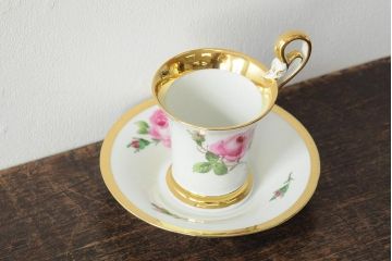 中古　MEISSEN(マイセン)　ピンクローズ　スワンハンドル　コーヒカップ&ソーサー(西洋陶磁器)(R-043962)