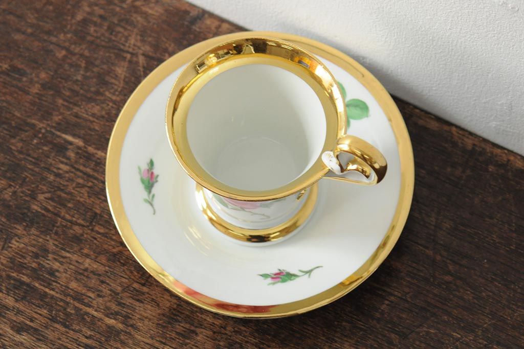 中古　MEISSEN(マイセン)　ピンクローズ　スワンハンドル　コーヒカップ&ソーサー(西洋陶磁器)(R-043962)