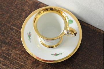 中古　MEISSEN(マイセン)　ピンクローズ　スワンハンドル　コーヒカップ&ソーサー(西洋陶磁器)(R-043962)