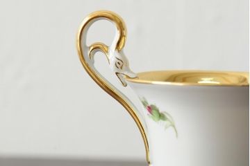 中古　MEISSEN(マイセン)　ピンクローズ　スワンハンドル　コーヒカップ&ソーサー(西洋陶磁器)(R-043962)