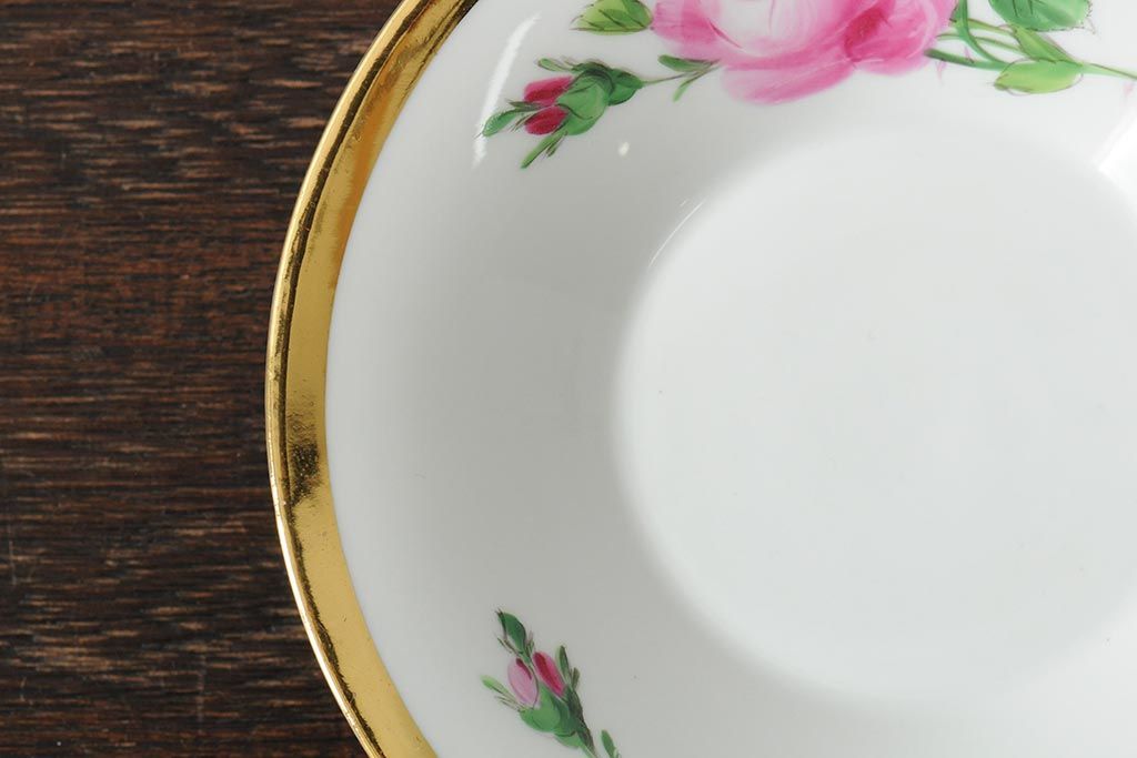 中古　MEISSEN(マイセン)　ピンクローズ　スワンハンドル　コーヒカップ&ソーサー(西洋陶磁器)(R-043962)