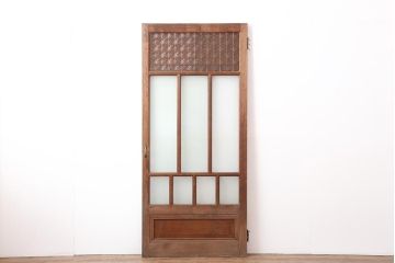 アンティーク建具　昭和中期　ヒノキ材・腰板ケヤキ材　上手物!角麻の組子細工がおしゃれな木製ドア(木製扉、ガラス扉、開き戸)(R-043971)